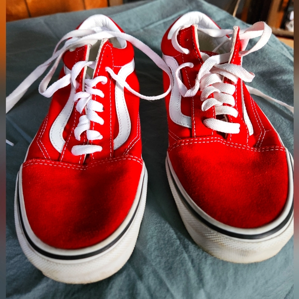 Red canvas and suede Vans sneakers